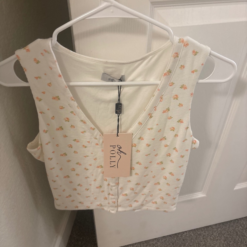 Oh Polly Cream Floral Button-Front Crop Top SMALL